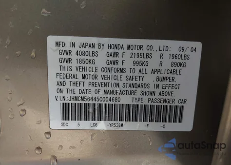 2005 Honda Accord 2.4 Lx from USA, damaged, VIN JHMCM56445C004680